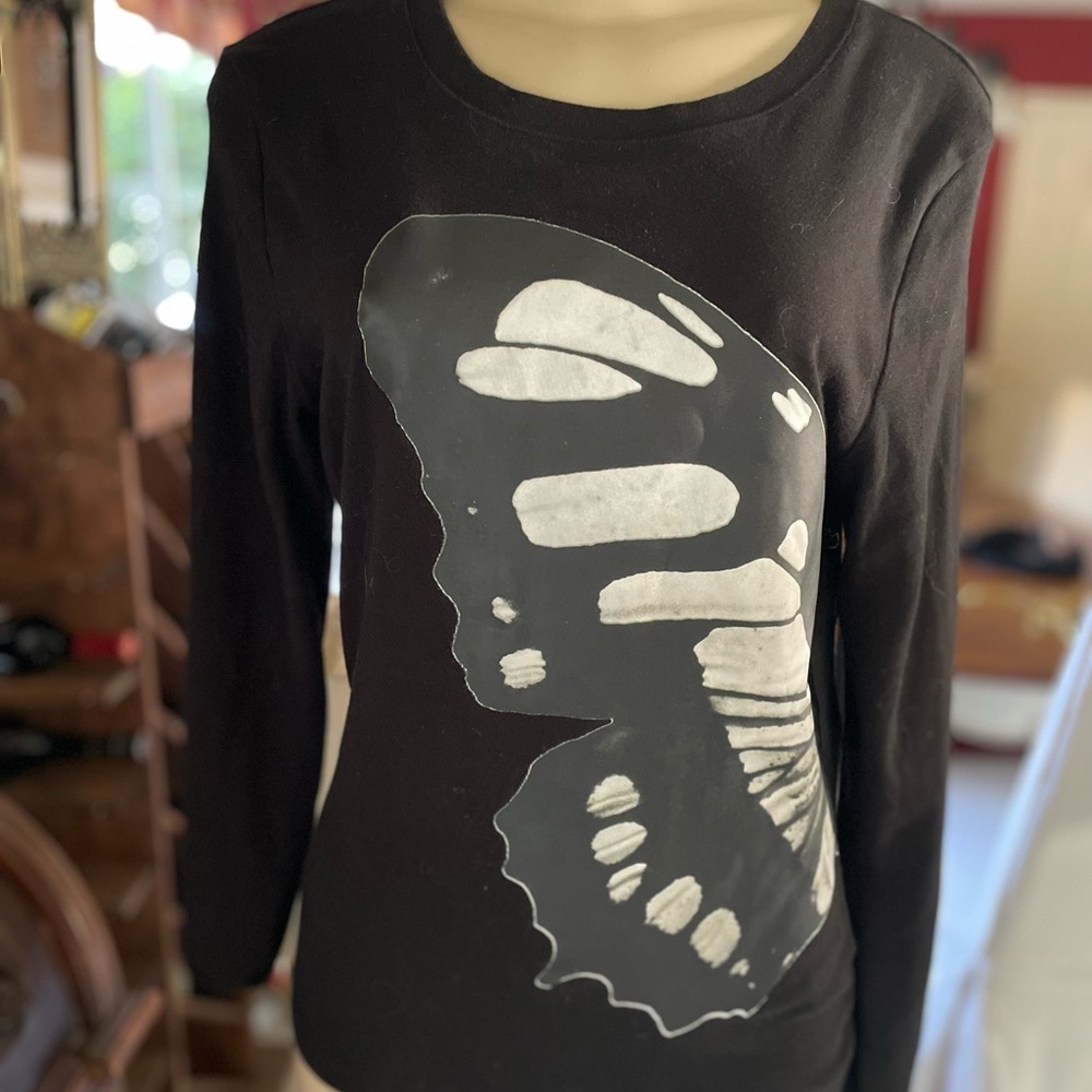 Norma Kamali Black and White Butterfly Long Sleeve Top Lg / M comfortable EUC